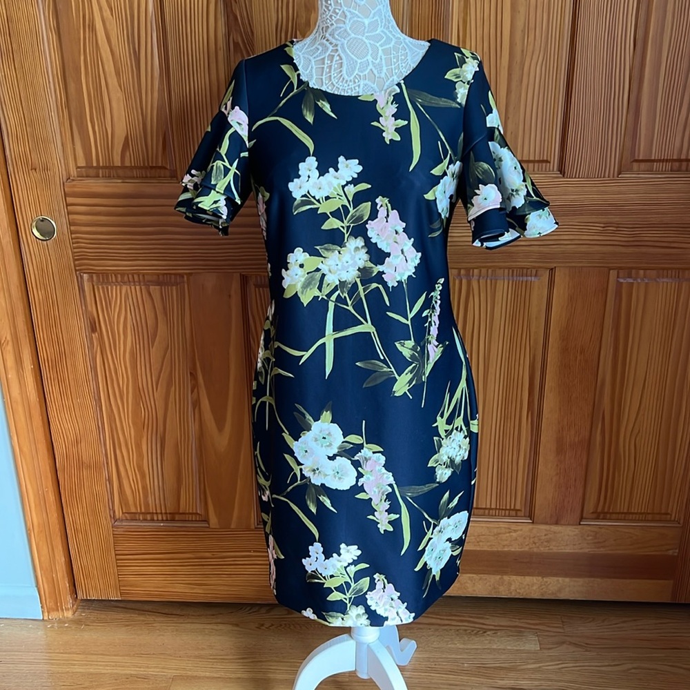 Tommy Hilfiger Black Floral Shift Dress with Pink and Green Accents